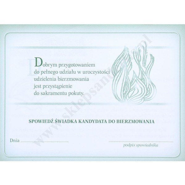 ŚWIADECTWO ŚWIADKA KANDYDATA DO BIERZMOWANIA - format 14 x 10.3 cm - pakiet 25 szt. - 76168
