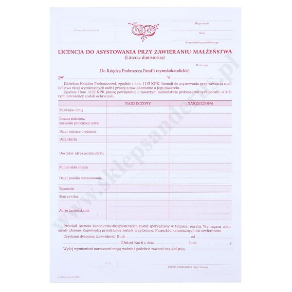 LICENCJA DO ASYSTOWANIA PRZY ZAWIERANIU MAŁŻEŃSTWA - format A4 - 63429