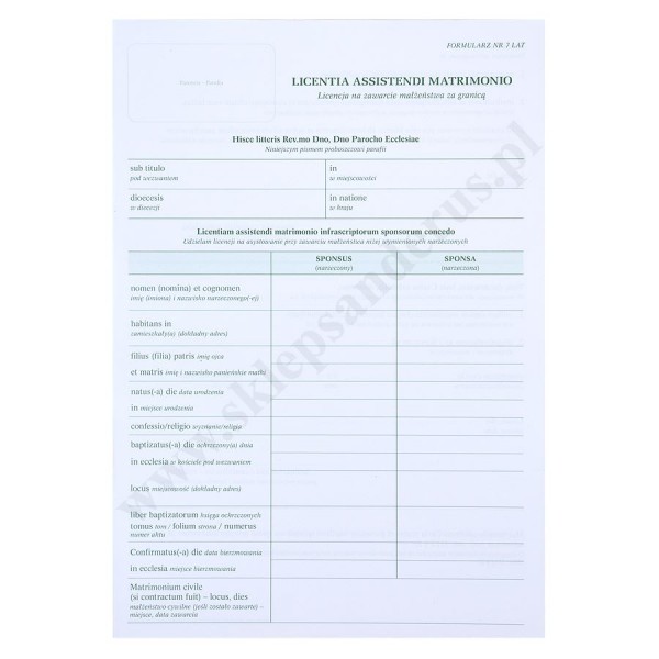 LICENCJA - ŁACINA - LICENTIA ASSISTENDI MATRIMONIO - format A4 - paczka 25 szt. - 90235