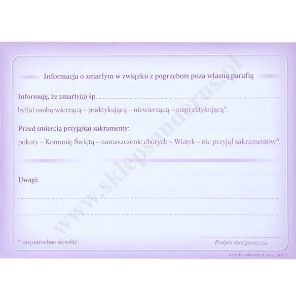 ZGODA NA POGRZEB POZA PARAFIĄ - format 14 x 10.3 cm - paczka 50 szt. - 70380