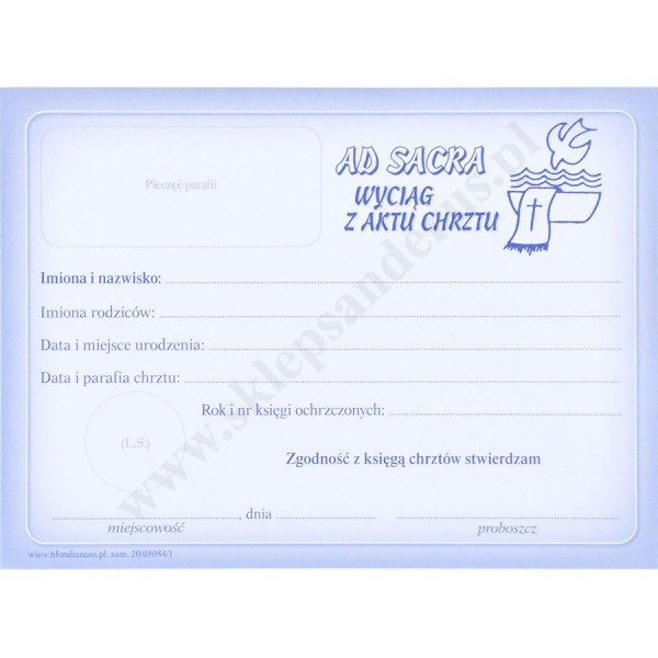 AD SACRA WYCIĄG Z AKTU CHRZTU - format 14 x 10 cm - paczka 50 szt. - 10057