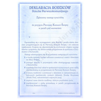 DEKLARACJA RODZICÓW DZIECKA PIERWSZOKOMUNIJNEGO - format 14 x 20.5 cm - paczka 50 szt. - 50082