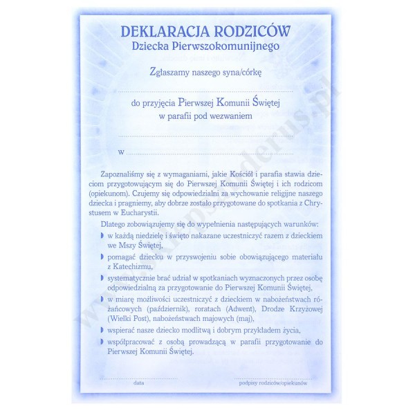 DEKLARACJA RODZICÓW DZIECKA PIERWSZOKOMUNIJNEGO - format 14 x 20.5 cm - paczka 50 szt. - 50082
