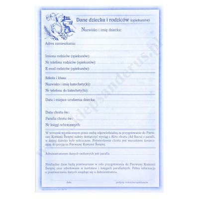 DEKLARACJA RODZICÓW DZIECKA PIERWSZOKOMUNIJNEGO - format 14 x 20.5 cm - paczka 50 szt. - 50082