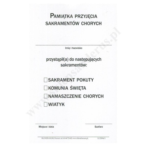 PAMIĄTKA PRZYJĘCIA SAKRAMENTÓW PRZEZ CHOREGO - format 9 x 14 cm - paczka 50 szt. - 86626