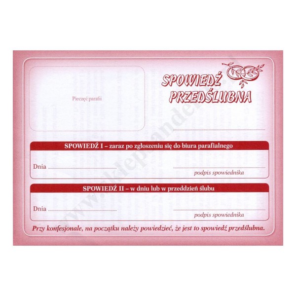 KARTA SPOWIEDZI PRZEDŚLUBNEJ - format 14 x 10.3 cm - paczka 50 szt. - 76166