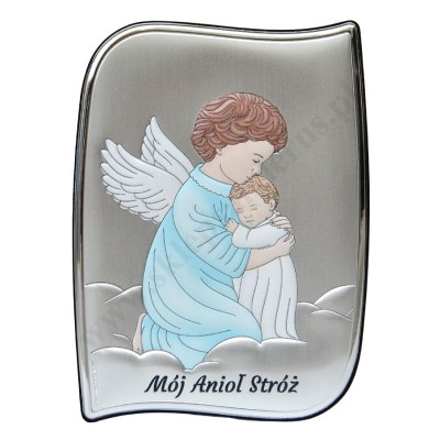 ANIOŁ STRÓŻ - OBRAZEK SREBRNY 13.5 x 18 cm - 6764S/3COL