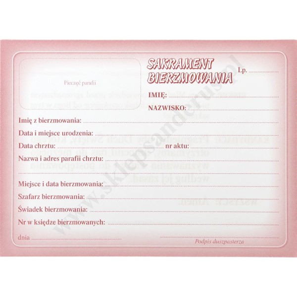 ŚWIADECTWO SAKRAMENTU BIERZMOWANIA - format 14 x 10.3 cm - 63440