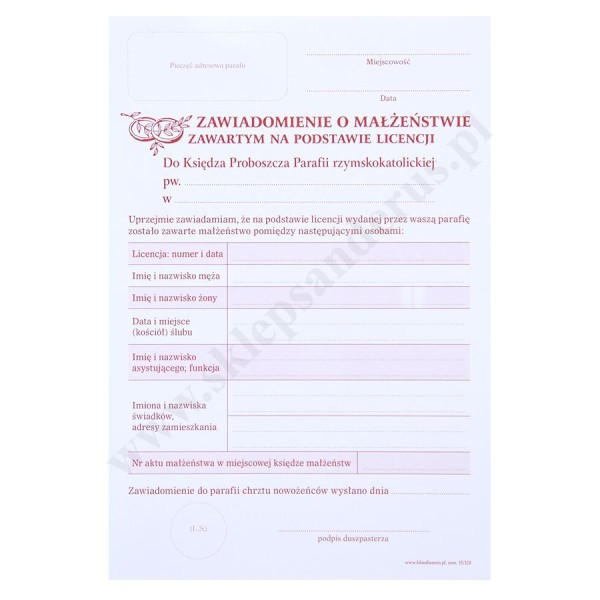 ZAWIADOMIENIE O MAŁŻEŃSTWIE - format A5 - paczka 25 szt. - 50878